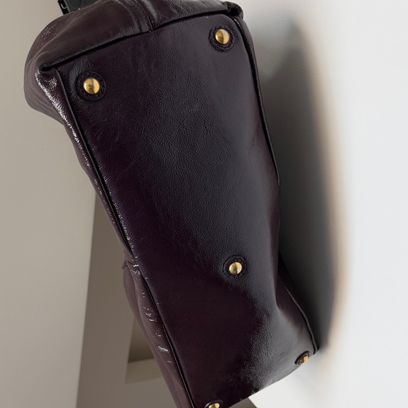 Saint Laurent Boston Hand Bag Tote Purse Y Line Patent Leather Dark purple. - Picture 6 of 6